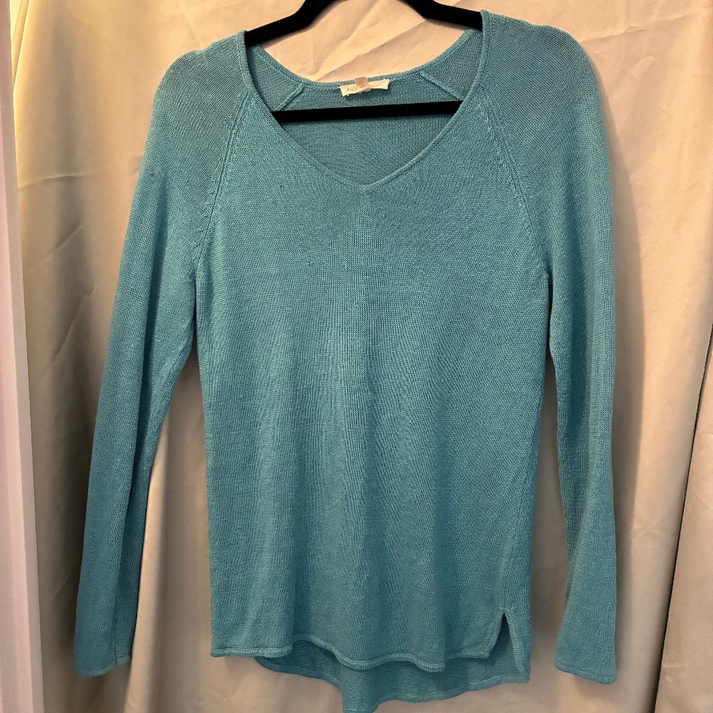 Eileen Fisher 100% Linen Aqua Robin’s Egg Blue Long Sleeve Sweater Size XS VGUC